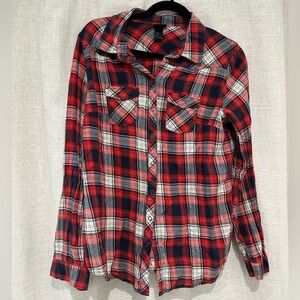 Cotton Plaid Western Button Down Shirt, Red, Navy Blue, and White